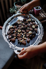 chocolate serving on silver tray. to serve chocolate on tray is a traditional Turkish hospitality sign. 