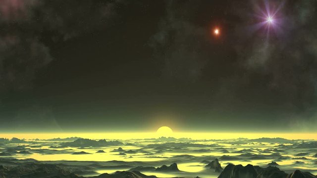 Shooting Star and Black Moon. There are two bright stars in the black starry sky, a nebula and a black moon. One star (UFO) drops rapidly. Over the hazy horizon bright sun illuminates the desert.