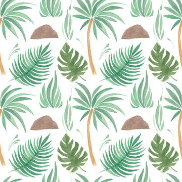 Tropical seamless pattern leaf palm grass Watercolor hand painted natural elements on a white background