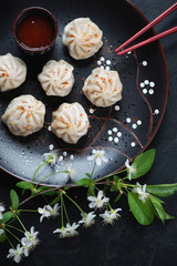 Close-up of steamed asian pork and beef dumplings served on a black plate, view from above, vertical shot