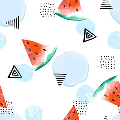 Abstract print with geometric elementsand watermelon. Seamless pattern. Vector illustration. Watercolor style