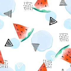 Foto op Plexiglas Watermeloen Abstracte print met geometrische elementen en watermeloen. Naadloze patroon. Vector illustratie. Aquarel stijl