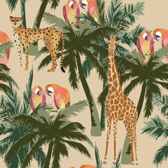 Tropical seamless pattern with palm tree, parrot, giraffe and cheetah. Vector illustration. Summer background