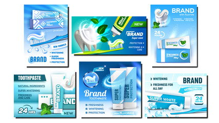 Toothpaste Creative Advertising Posters Set Vector. Collection Of Different Bright Promotional Marketing Banners With Toothpaste Blank Package And Toothbrush. Color Concept Template Illustrations