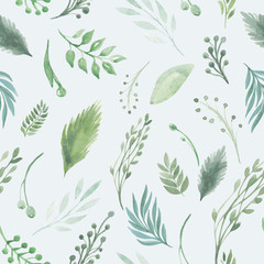 Seamless pattern of branches and leaves on a white background Watercolor illustration boho greenery
