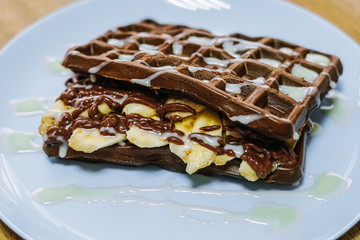 tasty Belgium waffle with organic sweets served for breakfast