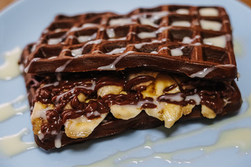 tasty Belgium waffle with organic sweets served for breakfast
