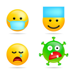 Set Smile emoji Coronavirus infection. Face with Medical Mask. Cartoon virus emoticons for social media chat comment. Vector illustration