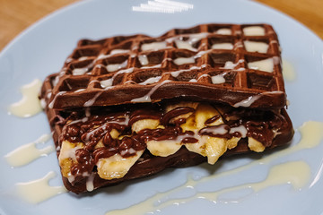 tasty Belgium waffle with organic sweets served for breakfast