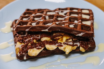 tasty Belgium waffle with organic sweets served for breakfast