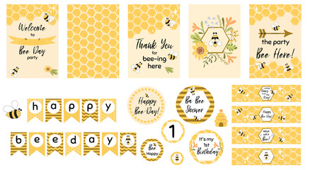 Bee party template set Bee baby shower invitations Cute kids party event Sweet honey bee day garland vector elements