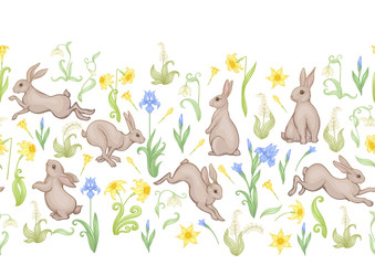 Seamless pattern, ackground with spring flowers and rabbits, hares. Colored vector illustration. Isolated on white background.