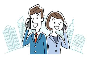 Stock illustration: business, man and woman, telephone, city
