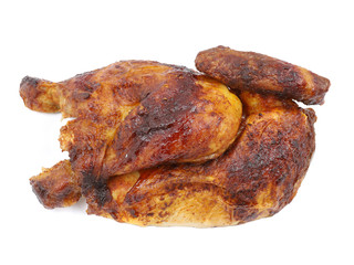 bavarian grilled, roasted half chicken isolated on white background