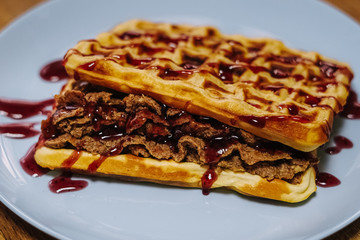 tasty Belgium waffle with organic sweets served for breakfast