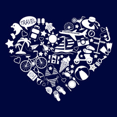 
Icons of white color travel, resort, diving and recreation laid out in the form of a heart isolated on a dark background.
