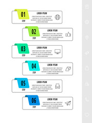 Vector infographics design template with icons. Six steps. Modern line concept can be used for business, web, banner, workflow layout, presentations, flow chart, content, levels. Data visualization.
