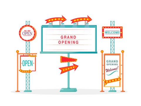 Grand Opening Vintage Vector Ads Board Sign Illustrations Set. Commercial Billboard Mockup Designs Pack With Copyspace. Stands With Marquee Lights Isolated Objects Collection. Announcement Banners