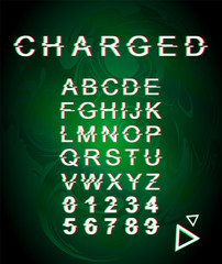 Charged glitch font template. Retro futuristic style vector alphabet set on green marbling background. Capital letters, numbers and symbols. Energetic typeface design with distortion effect