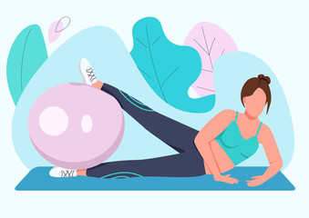 Obraz premium Woman training with stability ball flat color vector faceless character. Fitness instructor, sportswoman working out with swiss ball isolated cartoon illustration for web graphic design and animation