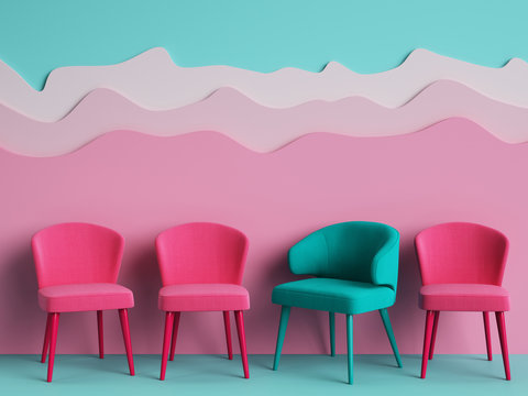  turquoise color chair among pink ones on blue and pink background with copy space