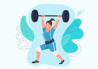 Strong woman lifting barbell flat color vector faceless character. Female athlete, weightlifter training isolated cartoon illustration for web graphic design and animation. Bodybuilding exercise