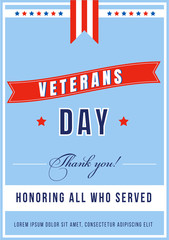 Veterans Day poster flat vector template. Honor served military soldiers. US freedom and liberty. Brochure, booklet one page concept design. American national holiday flyer, leaflet
