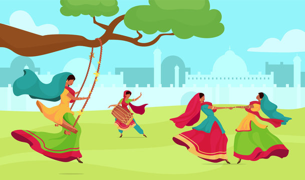 Teej festival flat color vector illustration. Woman dance and sing. Traditional religious ceremony. Female in sari on swing on field. Indian woman 2D cartoon characters with cityscape on background