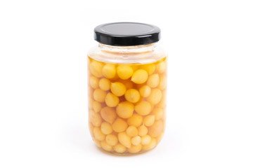 bottle of pickled garlic isolated on white background 