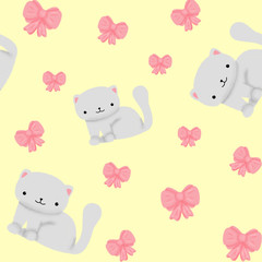 cute sweet yellow pastel pattern with white cat and pink bow