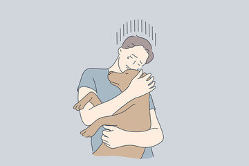 Depression, frustration, embrace, help, pet concept. Young crying frustrated depressed man boy cartoon character hugging dog friend. Animal medical therapy and helping from mental stress illustration.