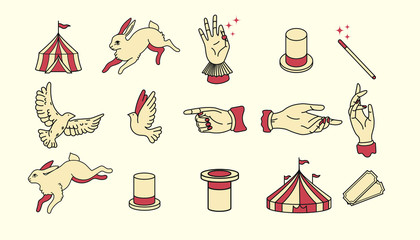 circus icons vintage flat design illustration elements for graphic design. logo assets. magic performer, illusionist, magician, artist, showman branding. pulling a hare out of a magic hat, doves, bird © grpxstore