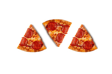 Tasty pizza. Three pieces of pepperoni pizza isolated on white background with shadow. Top view of slice pepperoni pizza. 