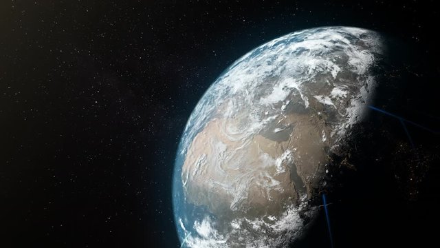 Blue beams  of radio signals fly around planet Earth. Beautiful colorful view of the earth in free space. Conceptual 3D animation of communication signals and new technologies.