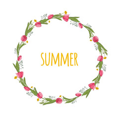 A wreath of tulips isolated on white. Vector, hand-drawn illustration.