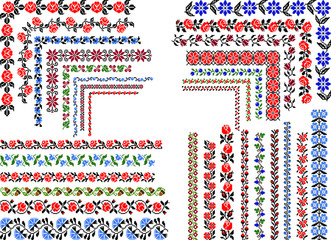 Set of editable traditional seamless ethnic patterns for embroidery stitch. Vintage floral ornaments. 