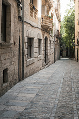 Obraz premium Nobody on a famous old town cobble stone narrow straight street in Girona