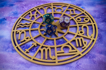 Zodiac signs horoscope circle on dark background. Astrology background.