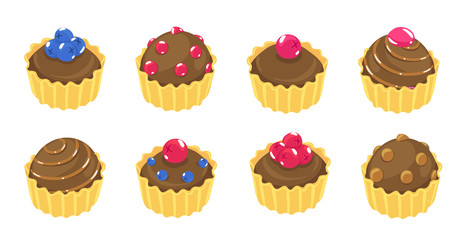 Fancy cupcake chocolate set. Different types cakes. Dessert muffin cake. Vector illustration. Isometric view.