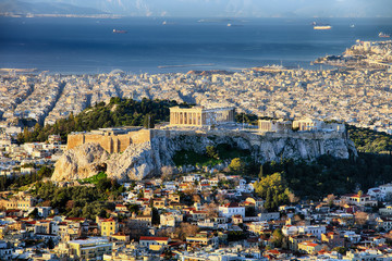 City and acropolis from Lycabettus hill in Athens at sunrise, Greece - obrazy, fototapety, plakaty