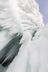 Winter Baikal, hanging icicles. Sokuy