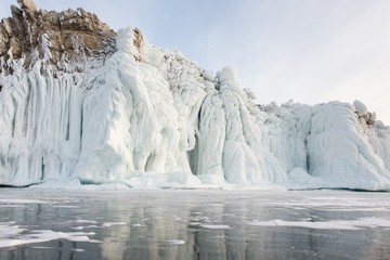 Fototapeta na wymiar Winter Baikal, hanging icicles. Sokuy