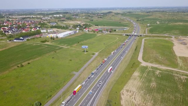 Heavy Traffic On One Lane Of Tricity Beltway In Poland - aerial shot