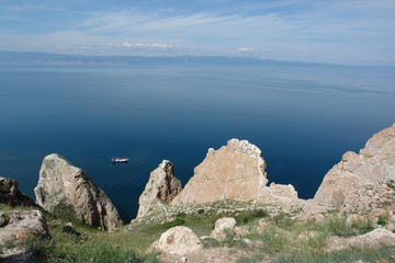 Beautiful view of Lake Baikal from the Cape Sagan-Khushun on a clear summer day (Olkhon Island, Siberia, Russia)