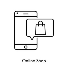 Símbolo de aplicación de tienda en línea. Icono plano lineal con texto Online Shop con bolsa de la compra en teléfono inteligente en color negro