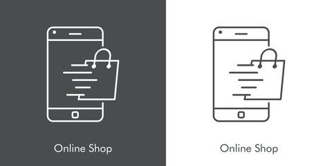 Símbolo de aplicación de tienda en línea. Icono plano lineal con texto Online Shop con bolsa de la compra en teléfono inteligente en fondo gris y fondo blanco