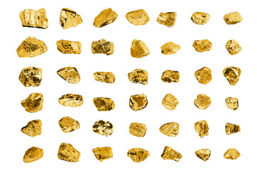 Golden stones set on white background isolated close up, gold nuggets collection, yellow metal...