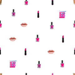 Make up seamless pattern. Beauty background with cosmetic products.