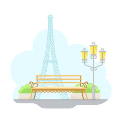 Paris Street View with Eiffel Tower and Bench Vector Illustration