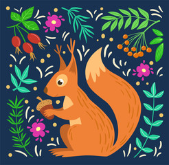 Squirrel is holding acorn on background with branches and leaves. Cute vector illustration.